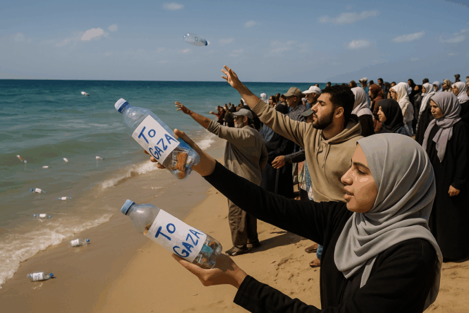 Egyptians Throw Bottles Filled with Aid and Prayers to Gaza Across the Sea